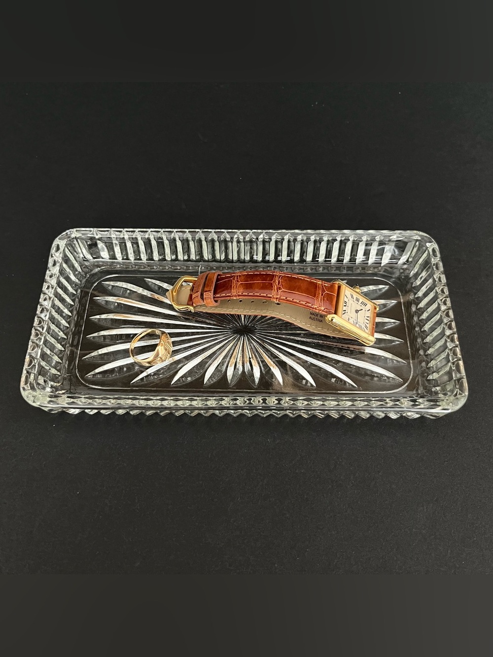 Vintage Clear Glass Trinket Jewelry Dish Tray Rectangular Fluted Radial Etched